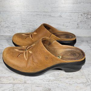 ARIAT Western Clogs Womens SZ 6.5 B Brown Leather Embroidered Mules 93965